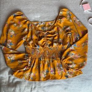 Pleione Mustard Floral Smocked Blouse
